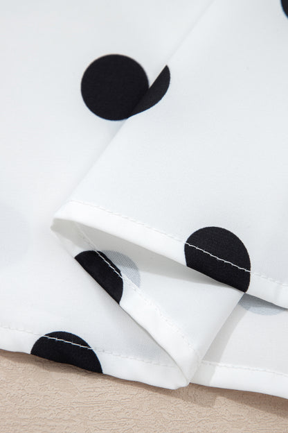 White Polka Dot Print Round Neck Frilled Long Sleeve Blouse