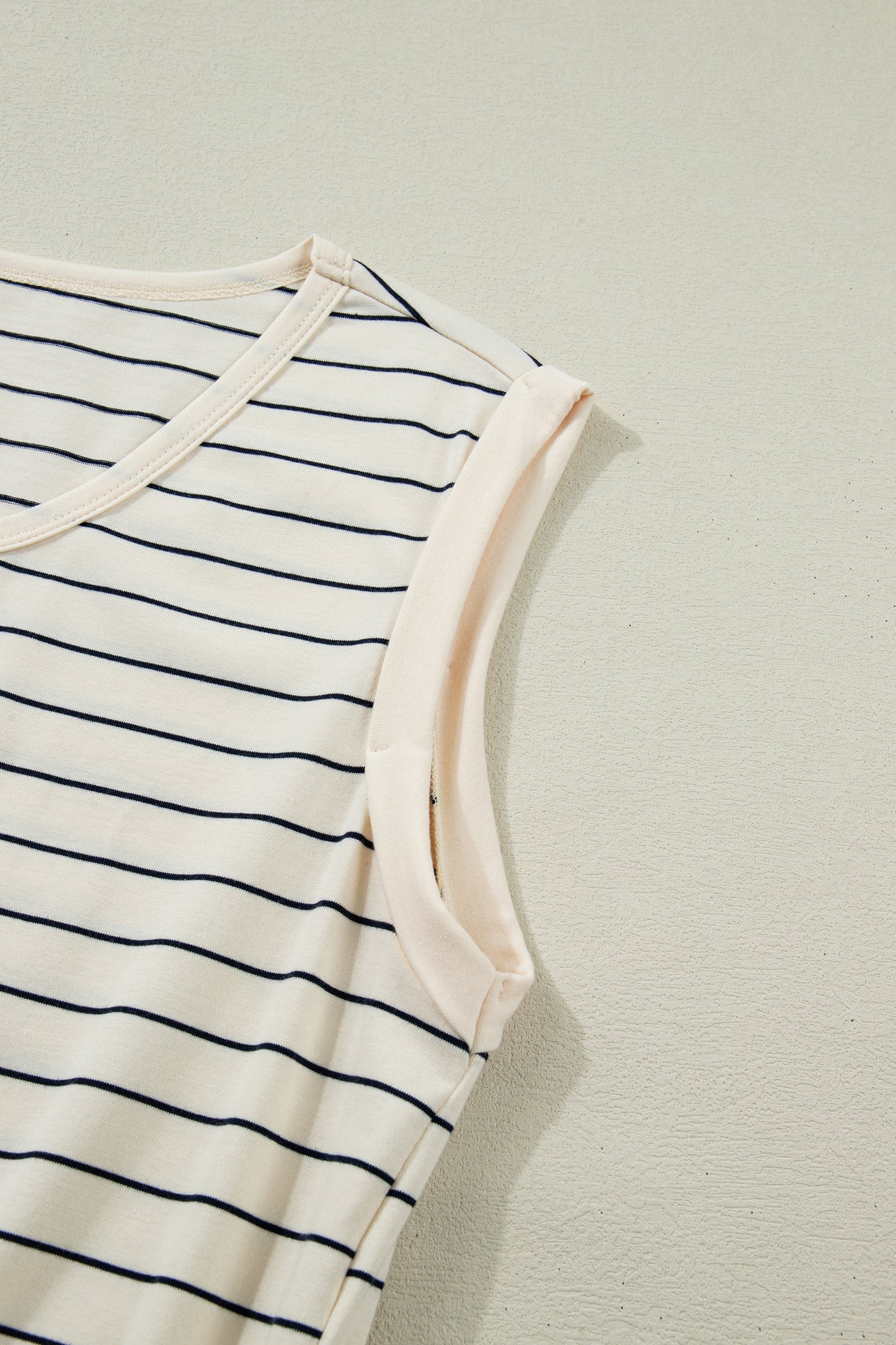 Beige Stripe Drawstring Tunic Tank Mini Dress with Pockets