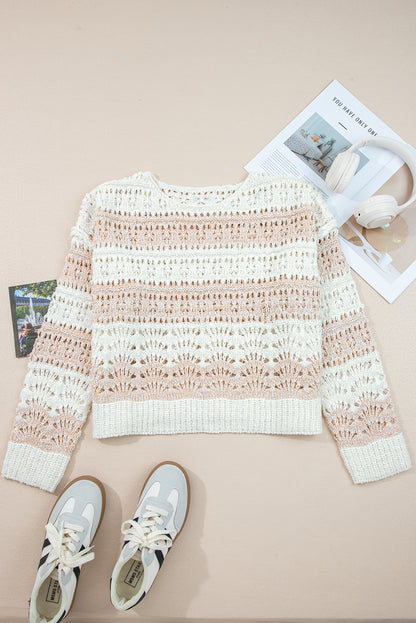 Pink Hollow-out Colorblock Drop Shoulder Casual Sweater