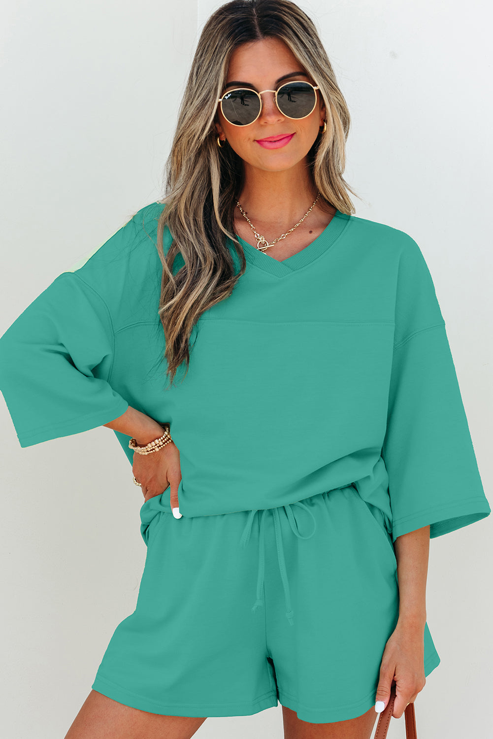Meadow Mist Green Solid Loose V Neck Half Sleeve Tee and Shorts Set