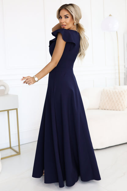 660-1 Elegant maxi dress with ruffles, a deep neckline and a slit on the leg - navy blue