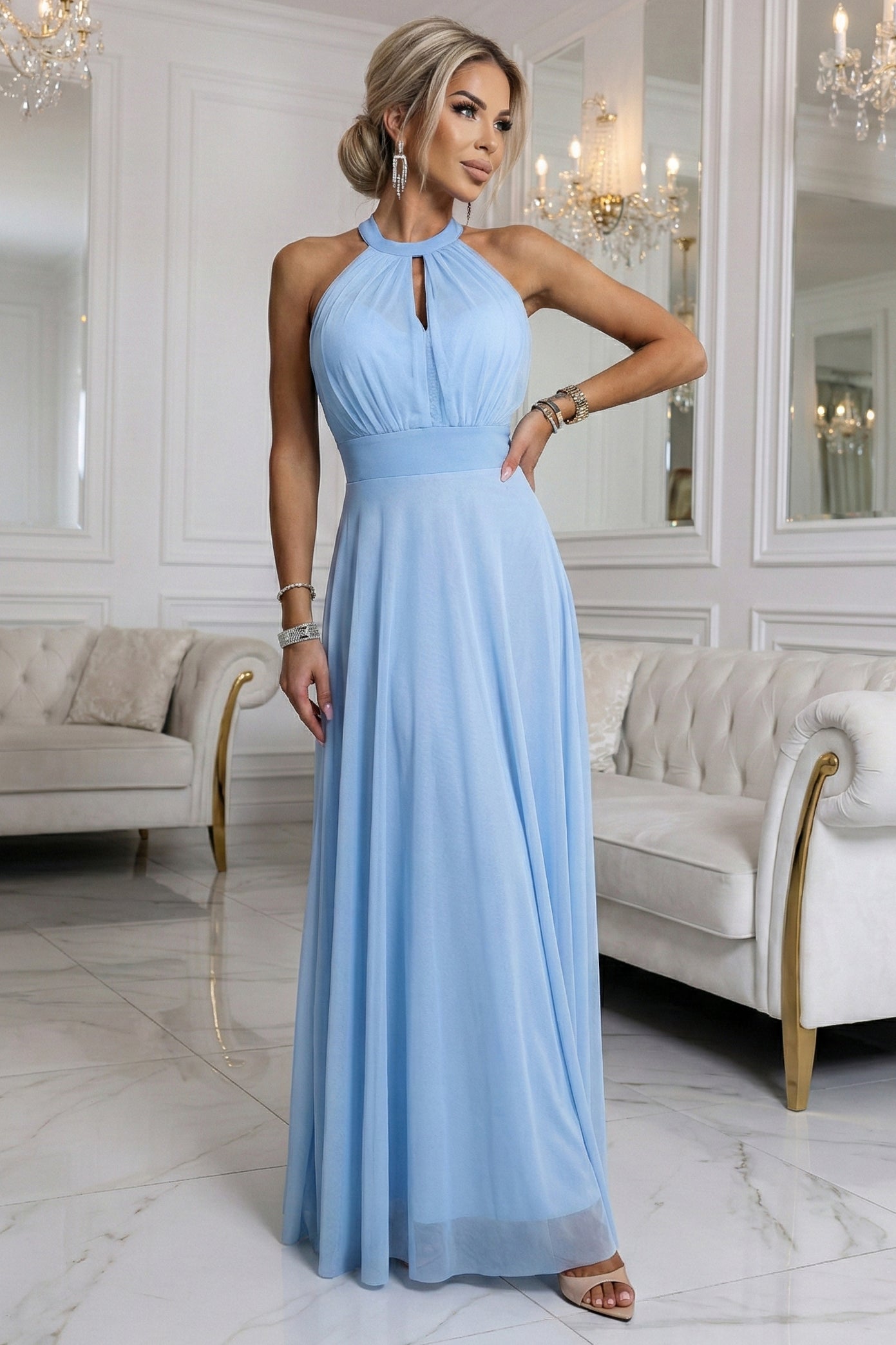662-1 Elegant Evening Maxi Halter Dress with Tulle and Waist Tie - Light Blue