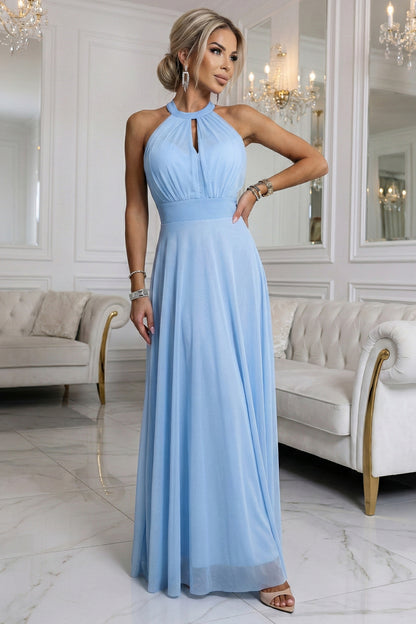 662-1 Elegant Evening Maxi Halter Dress with Tulle and Waist Tie - Light Blue