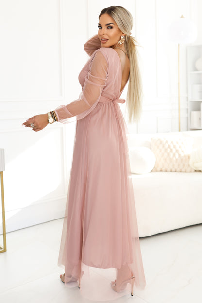 664-1 Long Maxi Dress with Tulle Sleeves and Wrap Neckline - Powder Pink