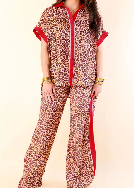 Brown Contrast Trim Leopard Top and Pant Set