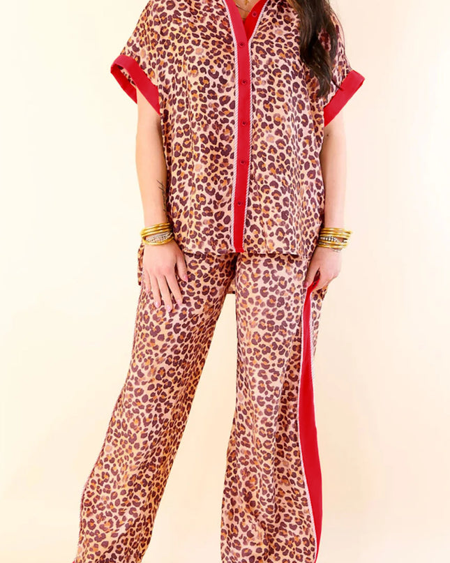 Brown Contrast Trim Leopard Top and Pant Set