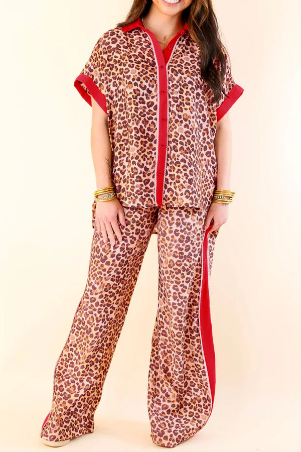 Brown Contrast Trim Leopard Top and Pant Set