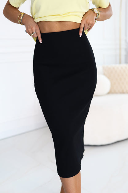 667-1 Fitted Striped Midi Skirt with High Waist - Black