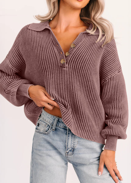 Dark Brown Washed Knit Button Polo Collar Loose Sweater