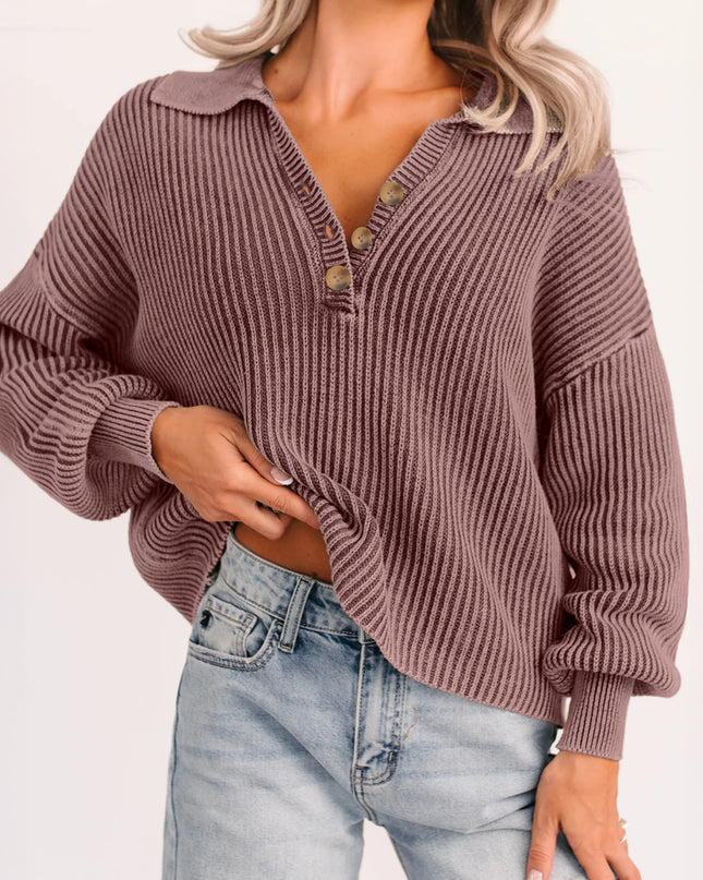 Dark Brown Washed Knit Button Polo Collar Loose Sweater