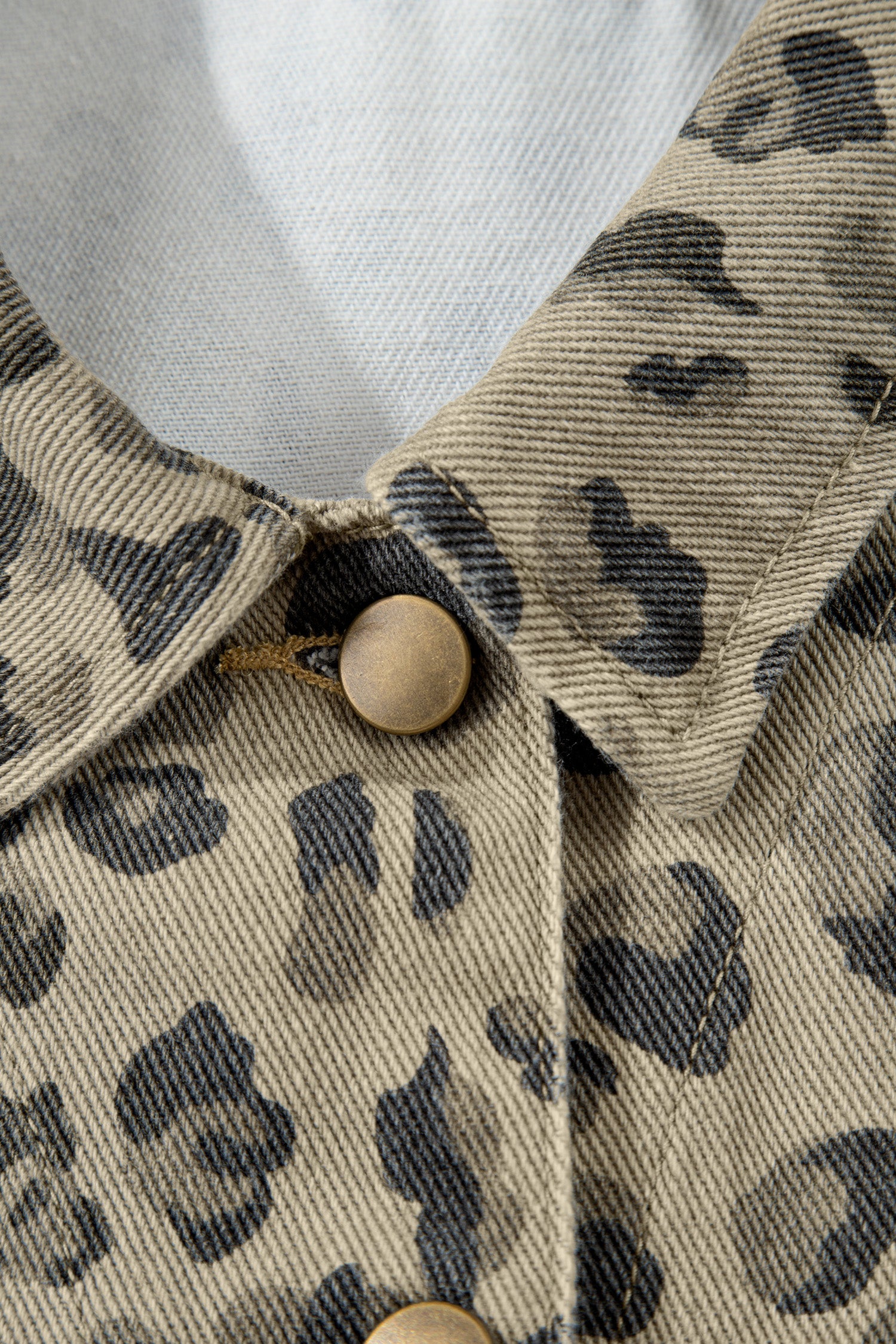Khaki Retro Leopard Print Seam Detail Button Down Denim Jacket