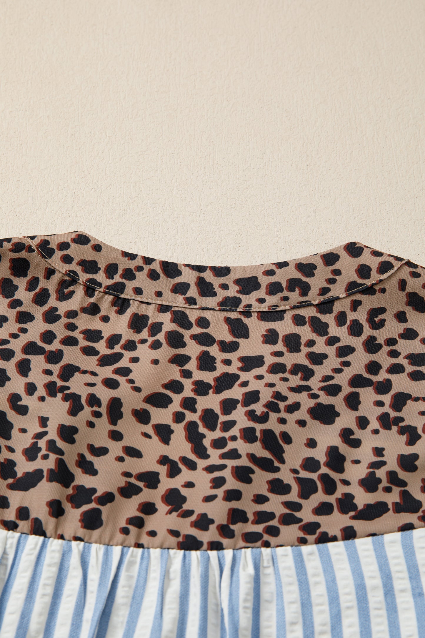 Sky Blue Stripe Leopard Trim V Neck Button Down Half Sleeve Shirt