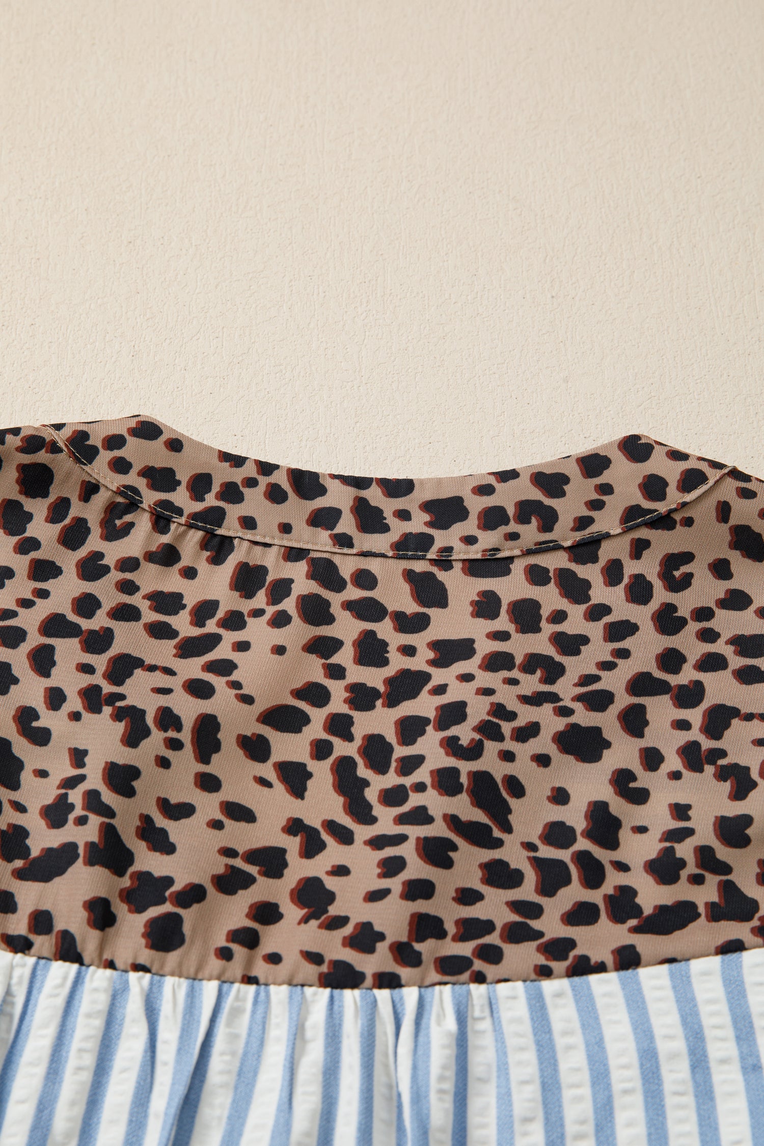 Sky Blue Stripe Leopard Trim V Neck Button Down Half Sleeve Shirt