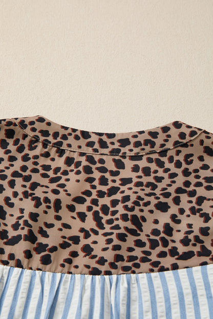 Sky Blue Stripe Leopard Trim V Neck Button Down Half Sleeve Shirt