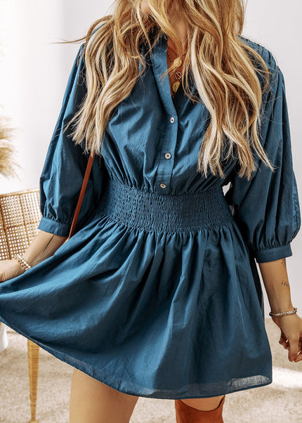 Prussian Blue 3/4 Sleeve Shirred High Waist Buttoned Mini Dress