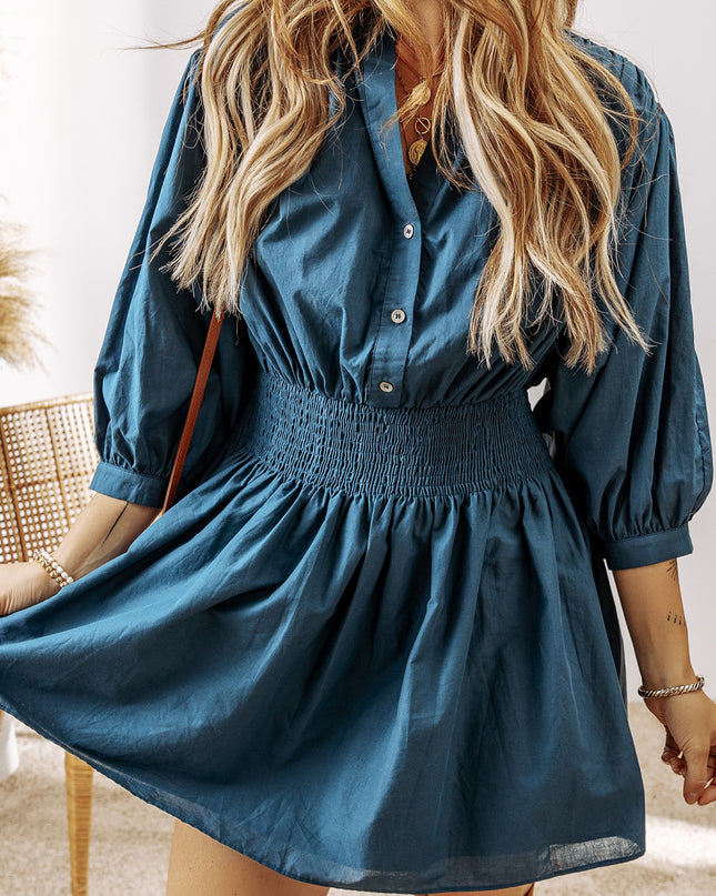Prussian Blue 3/4 Sleeve Shirred High Waist Buttoned Mini Dress
