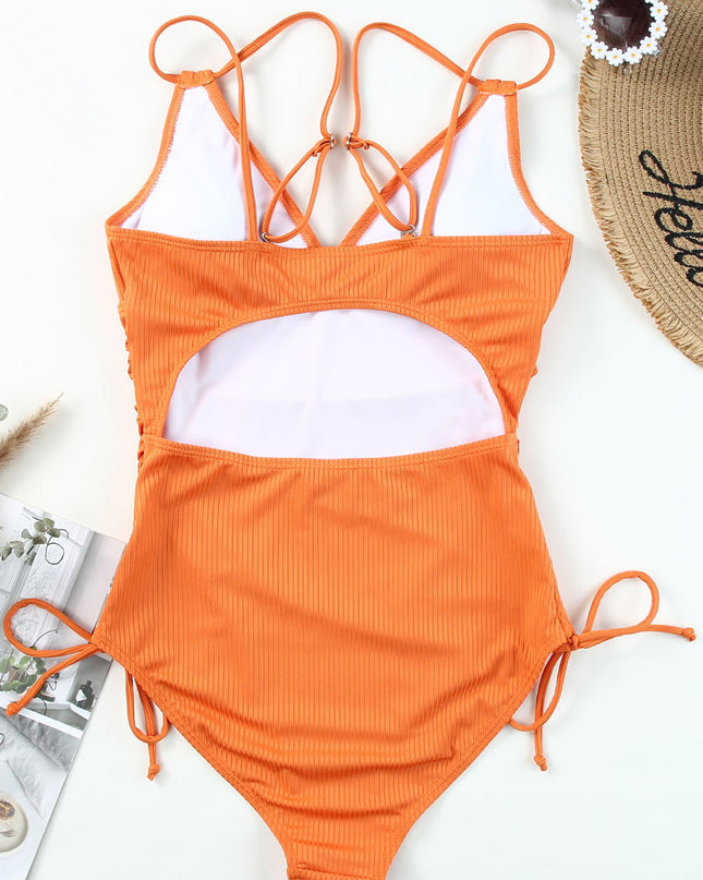 Sky Blue Adjustable Straps Ribbed Knit One Piece Swimsuit