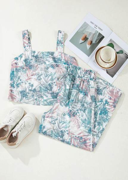 Green Tropical Palm Printed Cropped Tank Drawstring Wide Leg Pant Set