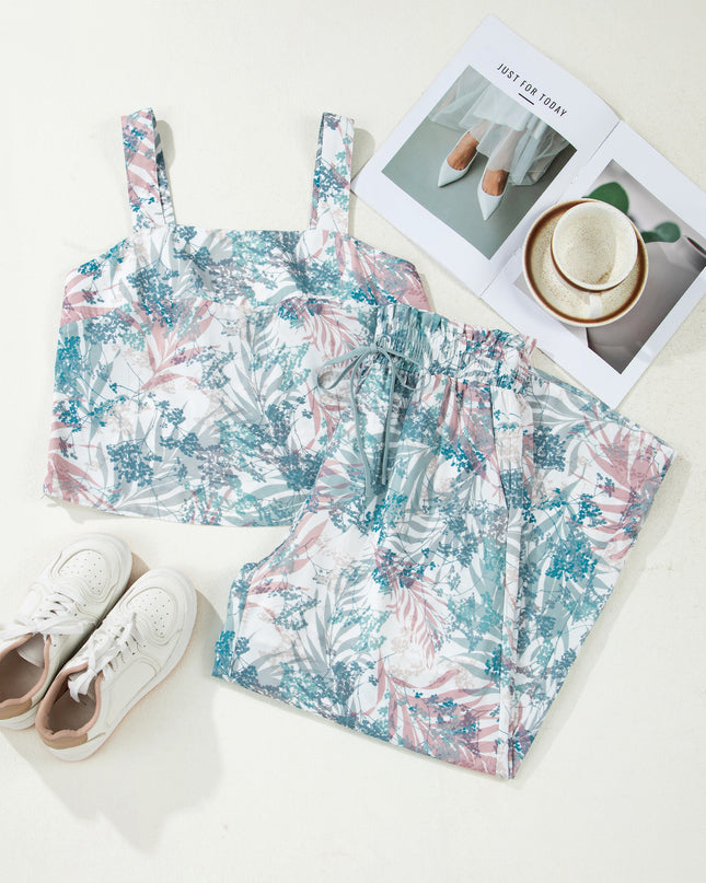 Green Tropical Palm Printed Cropped Tank Drawstring Wide Leg Pant Set