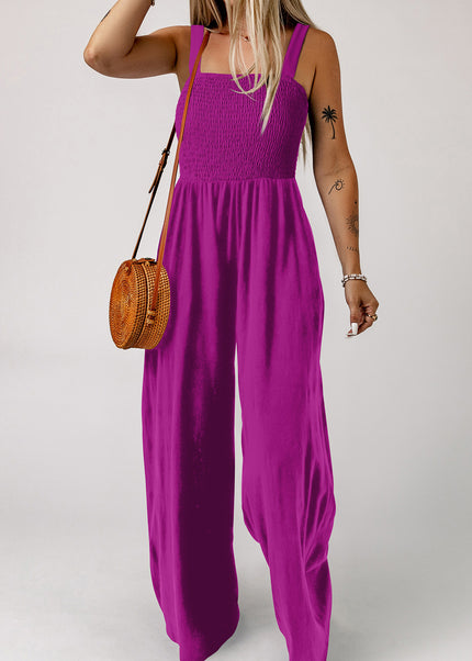 Purple Orchid Smocked Square Neck Sleeveless Jumpsuit with Pockets
