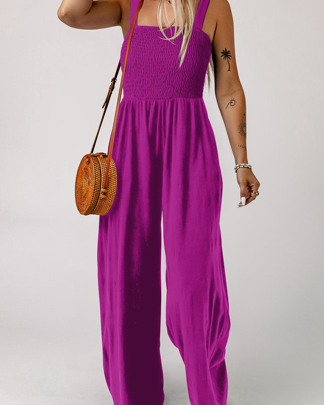 Purple Orchid Smocked Square Neck Sleeveless Jumpsuit with Pockets