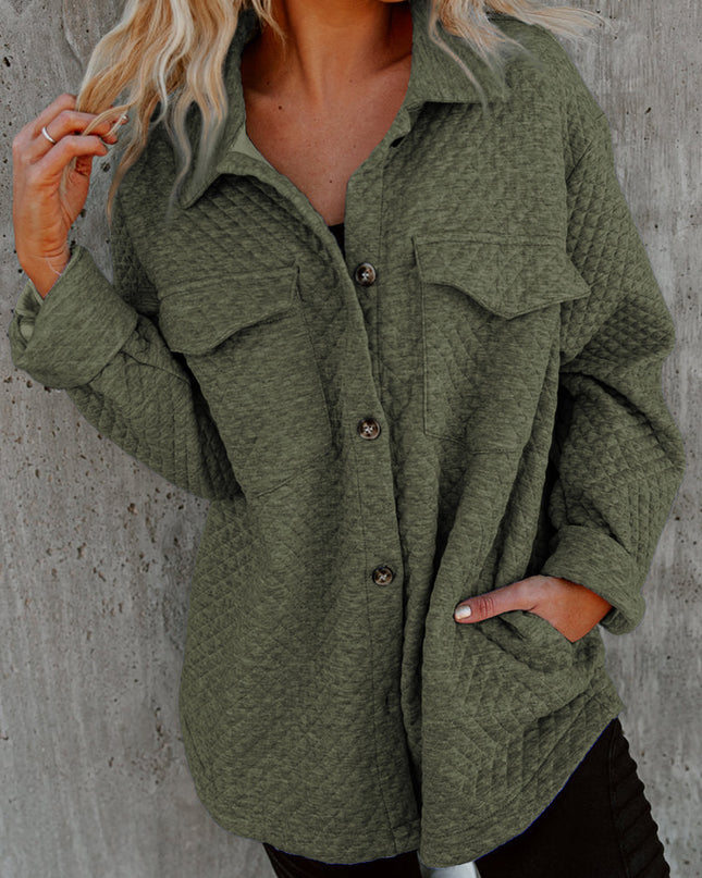 Black Retro Quilted Flap Pocket Button Shacket