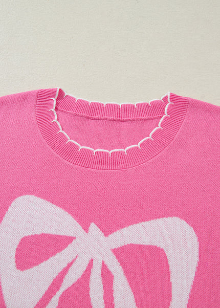 Sachet Pink Big Ribbon Bow Print Contrast Stitch Trim Drop Shoulder Sweater
