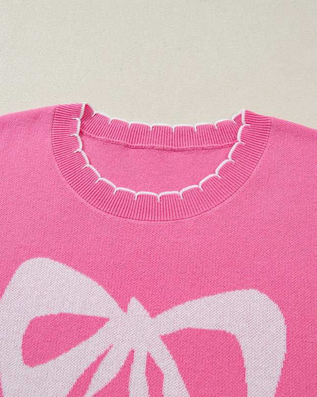 Sachet Pink Big Ribbon Bow Print Contrast Stitch Trim Drop Shoulder Sweater