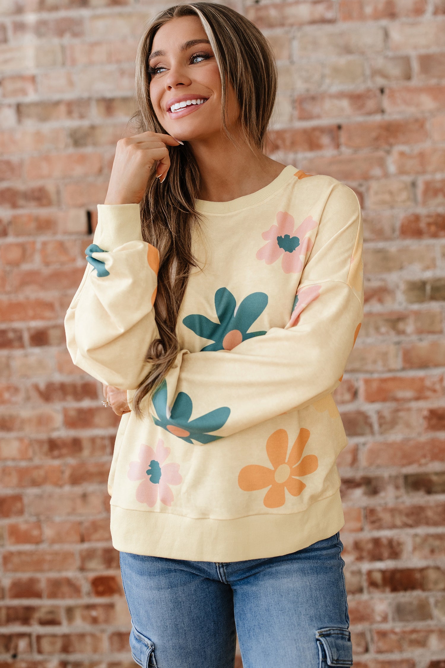 Khaki Mineral Washed French Terry Flower Print Sweatshirt