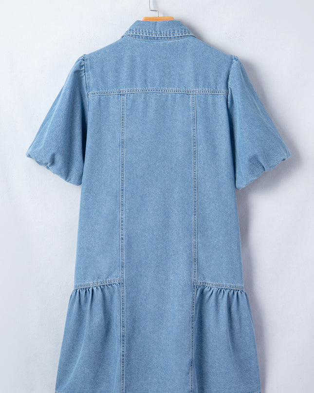 Beau Blue Button Down Short Puff Sleeve Ruffle Hem Patchwork Denim Dress