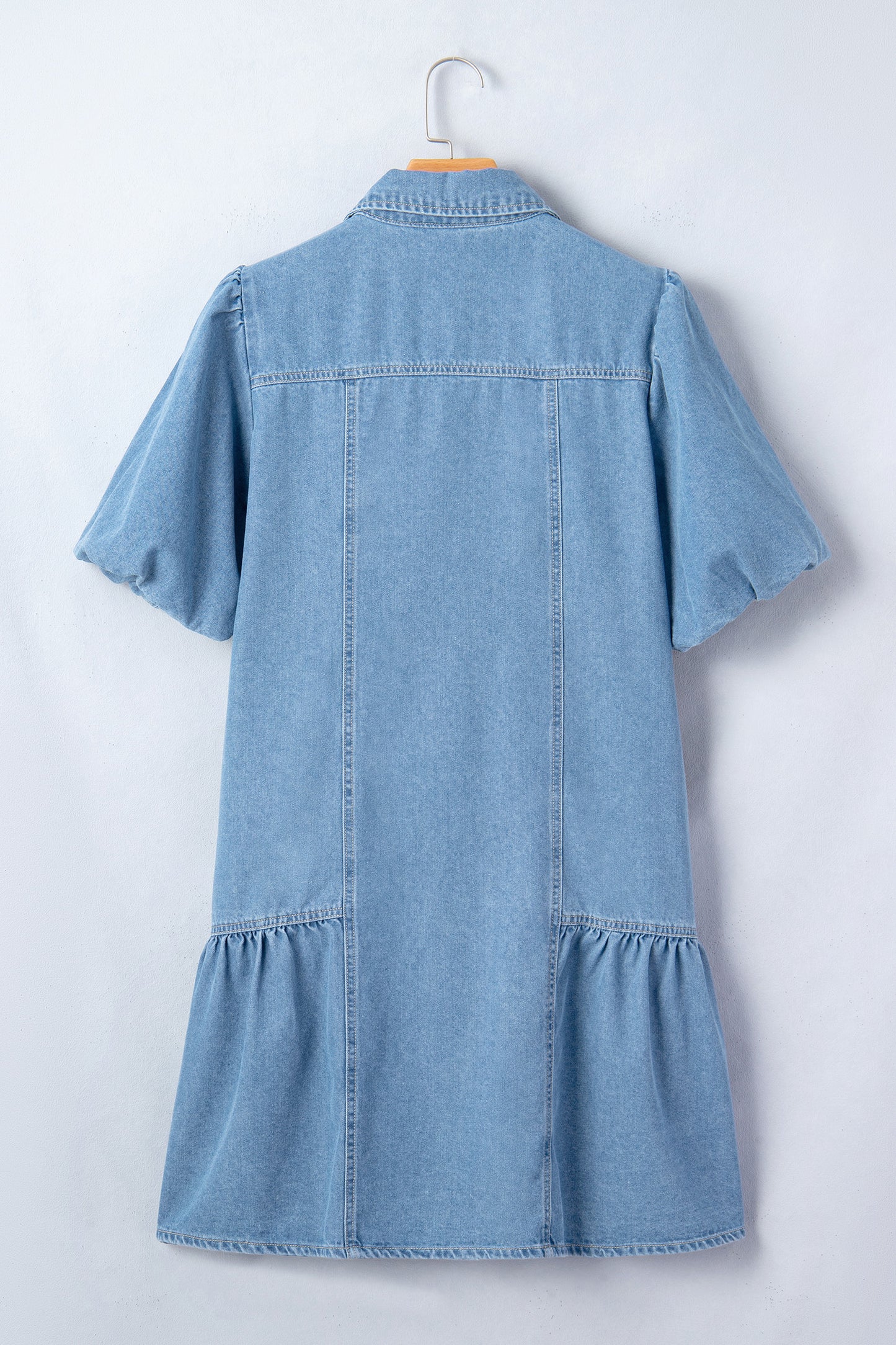 Beau Blue Button Down Short Puff Sleeve Ruffle Hem Patchwork Denim Dress