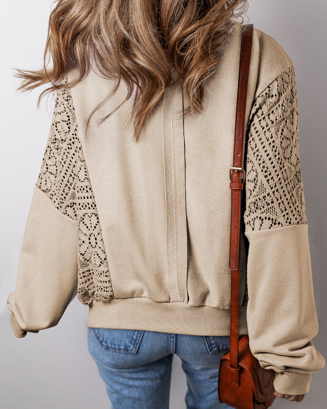 Parchment Knit Crochet Exposed Seam Ribbed Trim Sweatshirt