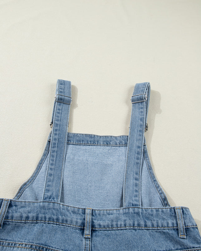 Dusk Blue Pleated Wide Leg Retro Pocketed Denim Jumpsuit