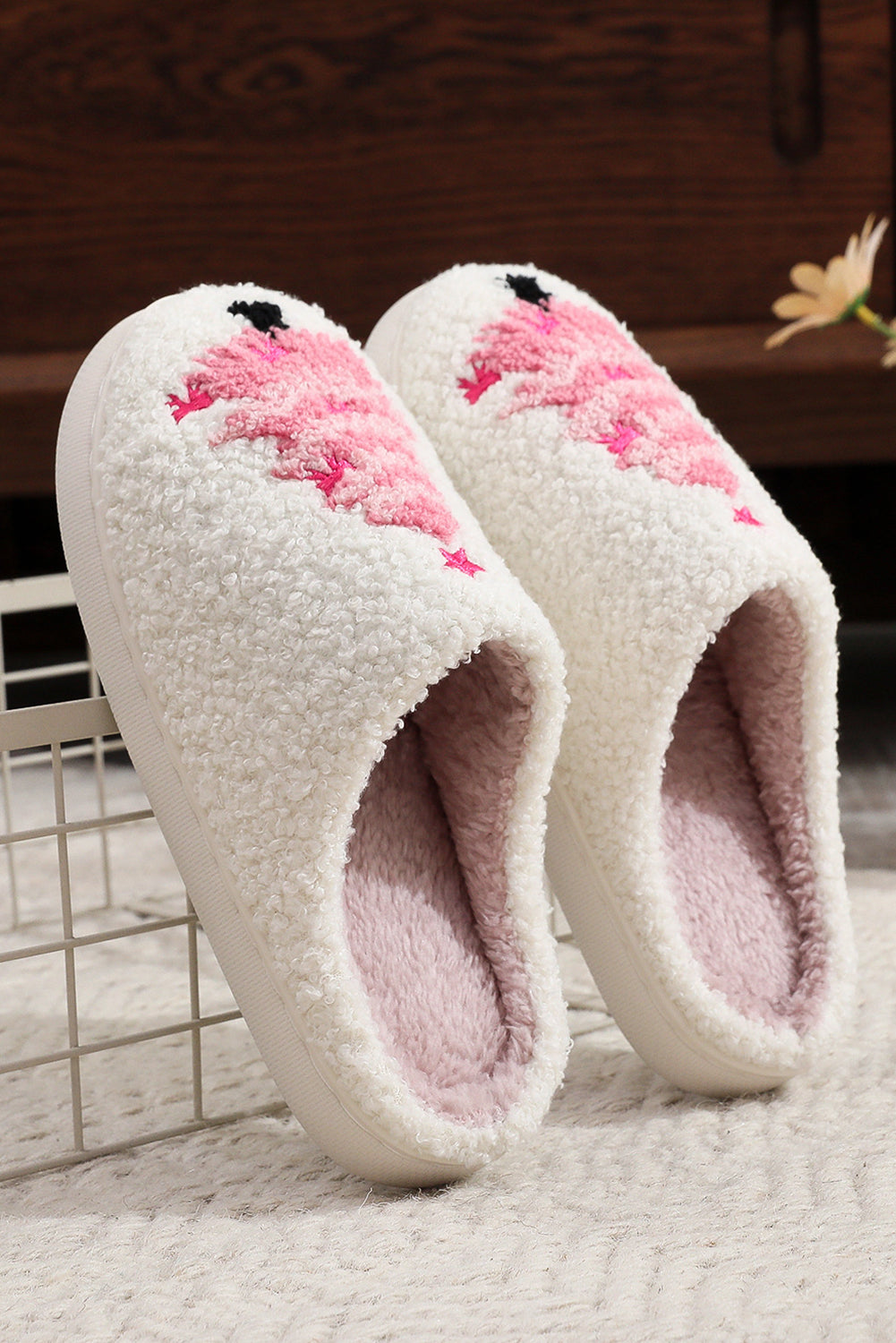 White Plush Christmas Tree Color Contrasted Liner House Slippers