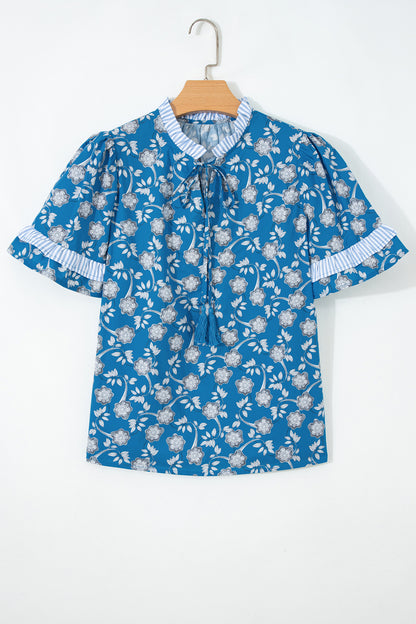 Blue Floral Print Button Tie Neck Striped Detail Short Sleeve Blouse
