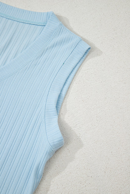 Gossamer Pink Ribbed Button V Neck Tank Top and Shorts Set