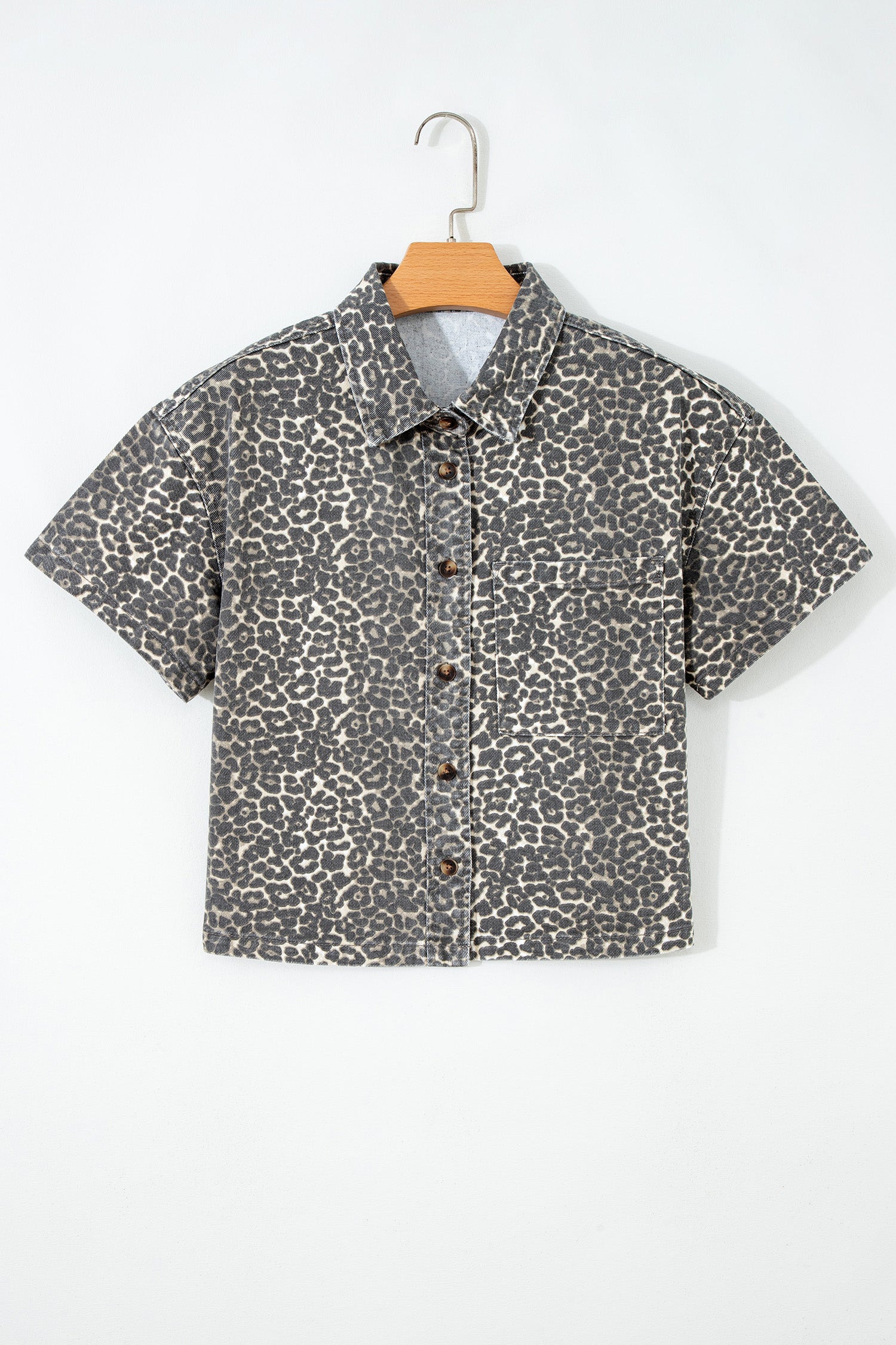 Gray Vintage Leopard Print Short Sleeve Loose Cotton Denim Shirt