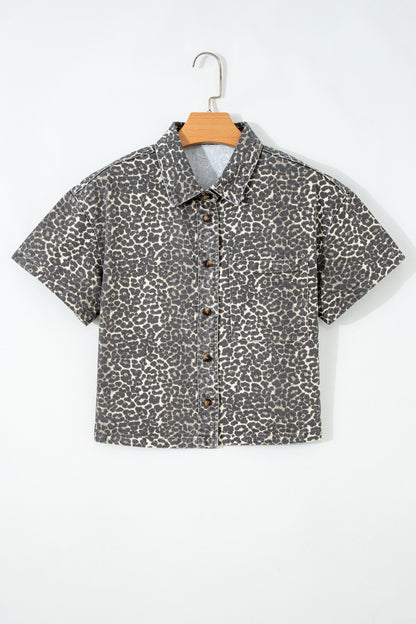 Gray Vintage Leopard Print Short Sleeve Loose Cotton Denim Shirt