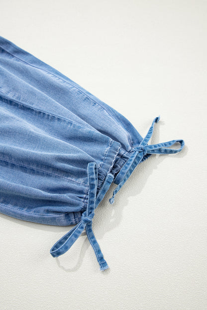 Beau Blue Drawstring Elastic Waist Pocketed Loose Denim Pants