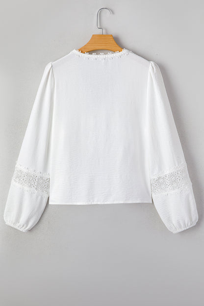 White Solid Color Floral Guipure Patchwork Frilled Long Sleeve Blouse