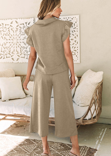 Black Textured Flutter Sleeve Top Wide Leg Pants Set