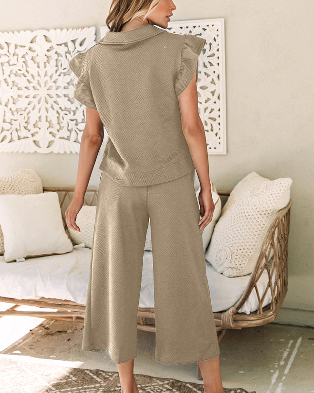 Black Textured Flutter Sleeve Top Wide Leg Pants Set