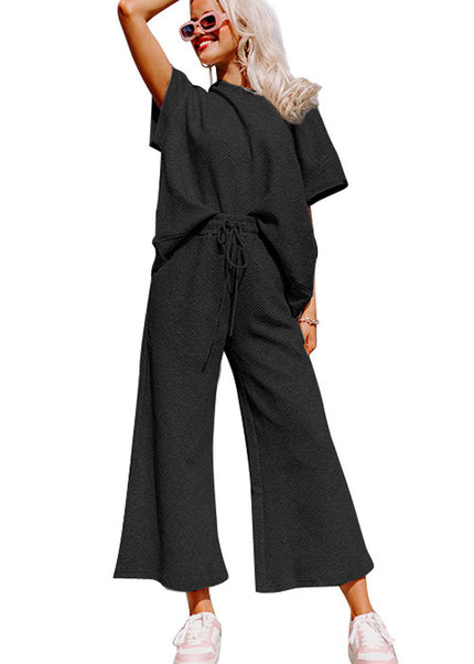 Black Textured Loose Fit T Shirt and Drawstring Pants Set