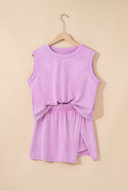 Myosotis 2 Pieces Mineral Wash Cotton Tank Top Lined Split Skirt Set