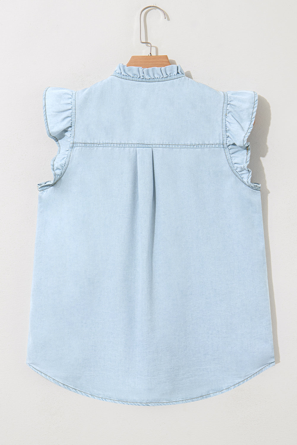 Beau Blue Mineral Wash Cap Sleeve Frilled Button Up Denim Shirt