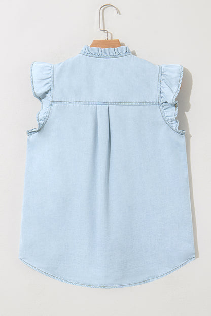 Beau Blue Mineral Wash Cap Sleeve Frilled Button Up Denim Shirt