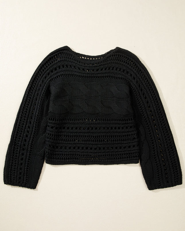 Smoke Gray Hollow-out Cable Knit Cropped Sweater