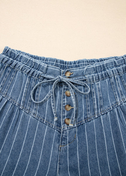 Sky Blue Stripe Button Pleated Drawstring Waist Casual Wide Leg Jeans