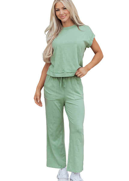 Canton Cuffed Short Sleeve Tee Raw Seam Patch Pocket Drawstring Pants Set