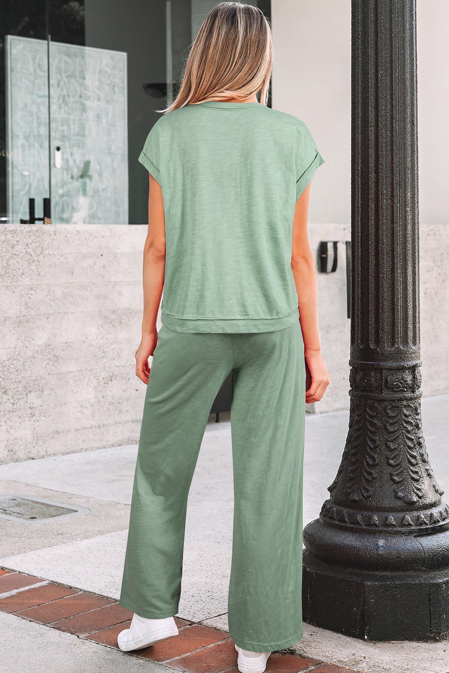 Canton Cuffed Short Sleeve Tee Raw Seam Patch Pocket Drawstring Pants Set
